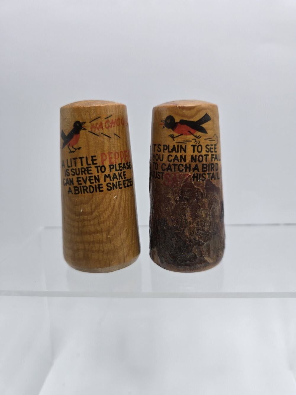 Vintage Carved Wood Tree Stump Salt & Pepper Shakers Humor Bird